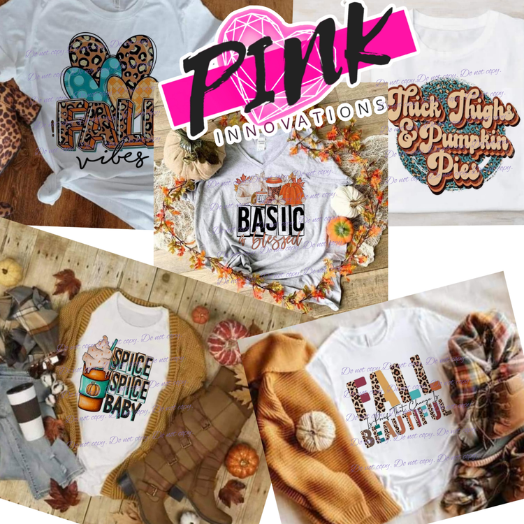 Collage of shirts with fall images with pink innovations logo