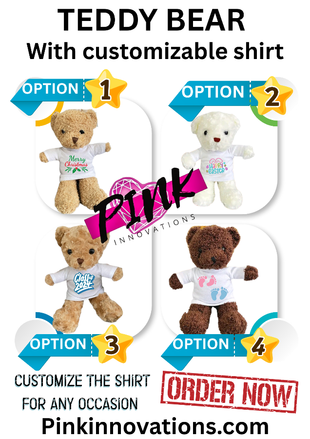 Four teddy bears with customizable shirts from Pink Innovations, featuring different designs and options.