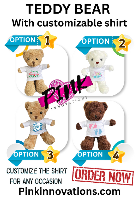 Four teddy bears with customizable shirts from Pink Innovations, featuring different designs and options.