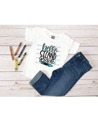 Hello second grade with teal crayon